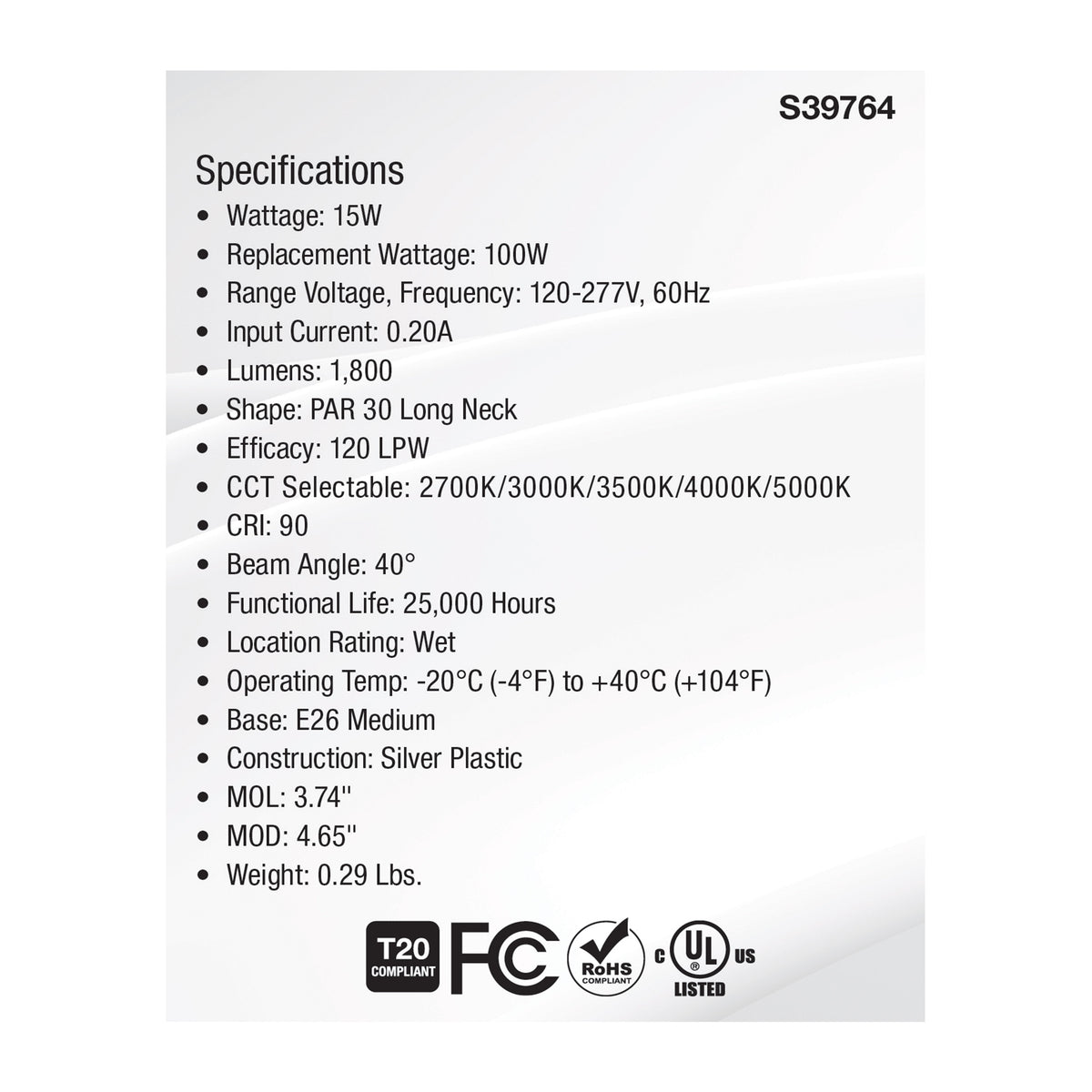 15 Watt PAR30LN High Lumen LED - Long Neck - 27K/30K/35K/40K/50K CCT Selectable - Medium Base - 120-277 Volt