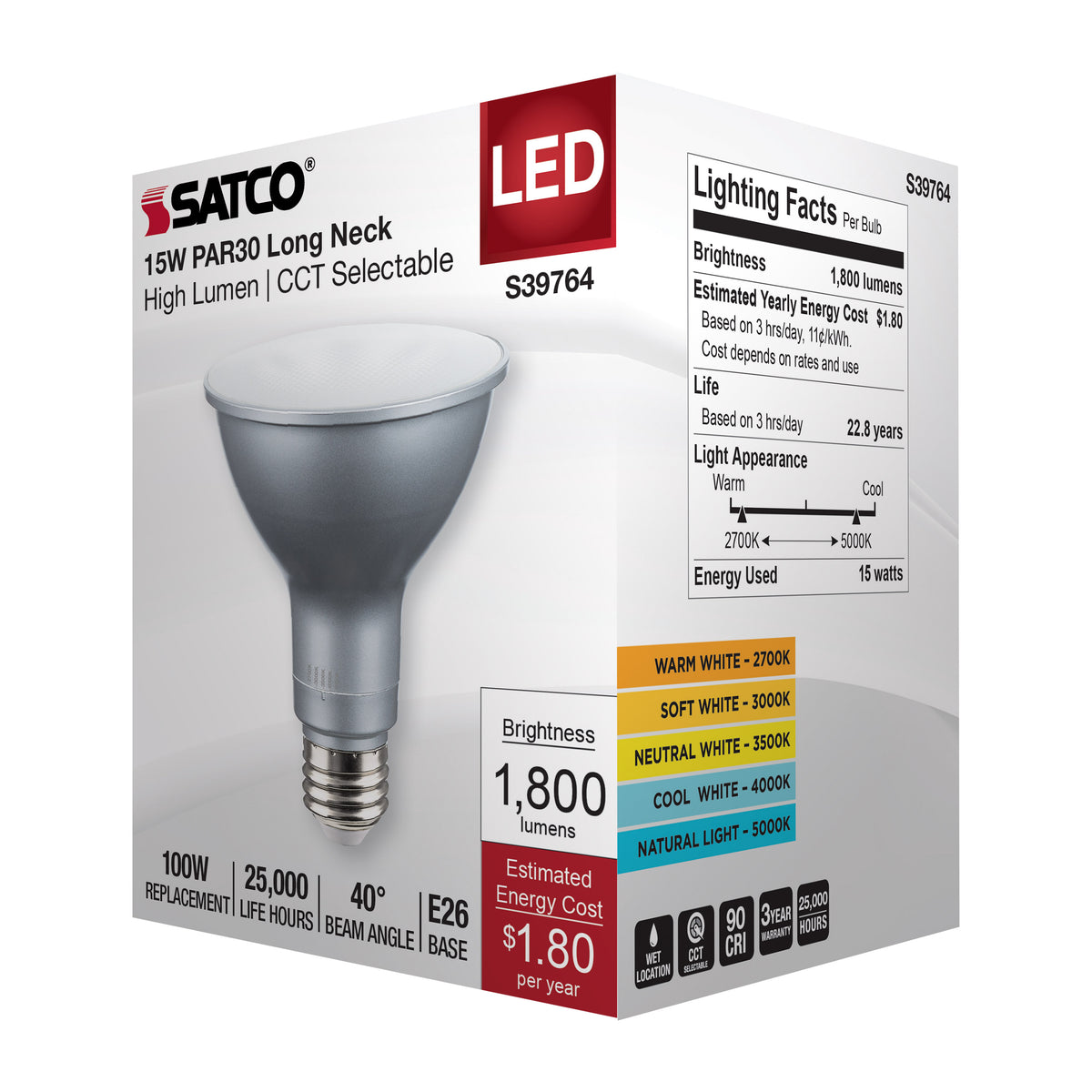 15 Watt PAR30LN High Lumen LED - Long Neck - 27K/30K/35K/40K/50K CCT Selectable - Medium Base - 120-277 Volt