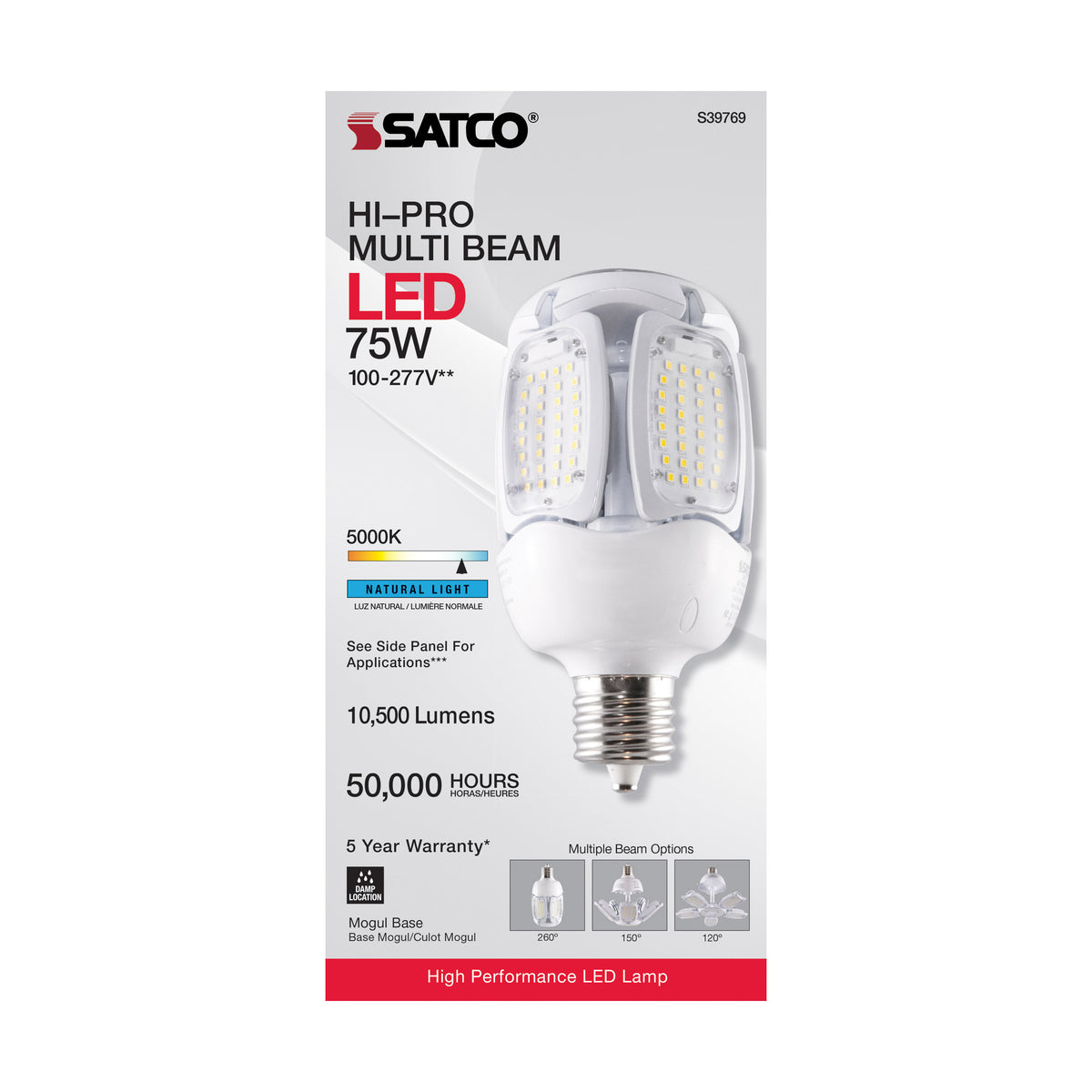 75 Watt LED HID Replacement - 5000K - Mogul Extended base - Adjustable Beam Angle - Type B Ballast Bypass -120-277 Volt
