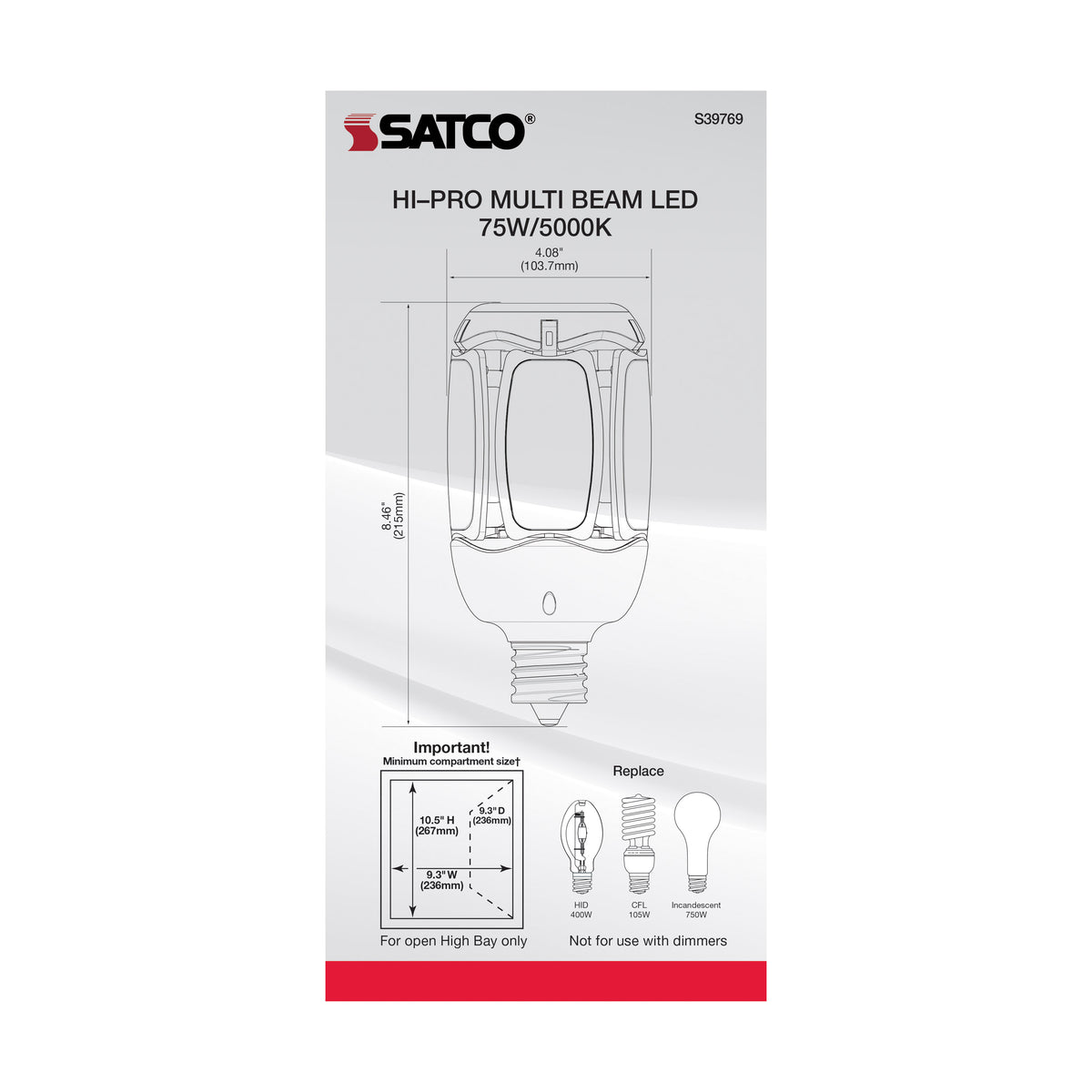 75 Watt LED HID Replacement - 5000K - Mogul Extended base - Adjustable Beam Angle - Type B Ballast Bypass -120-277 Volt