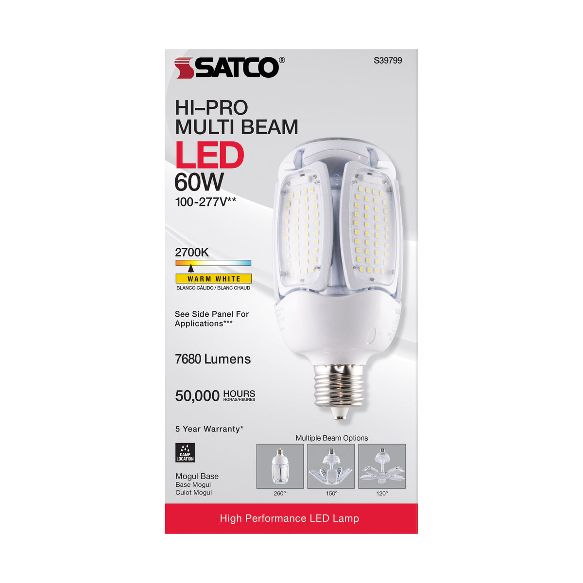 60 Watt LED HID Replacement - 2700K - Mogul extended base - Adjustable Beam Angle - Type B Ballast Bypass -120-277 Volt