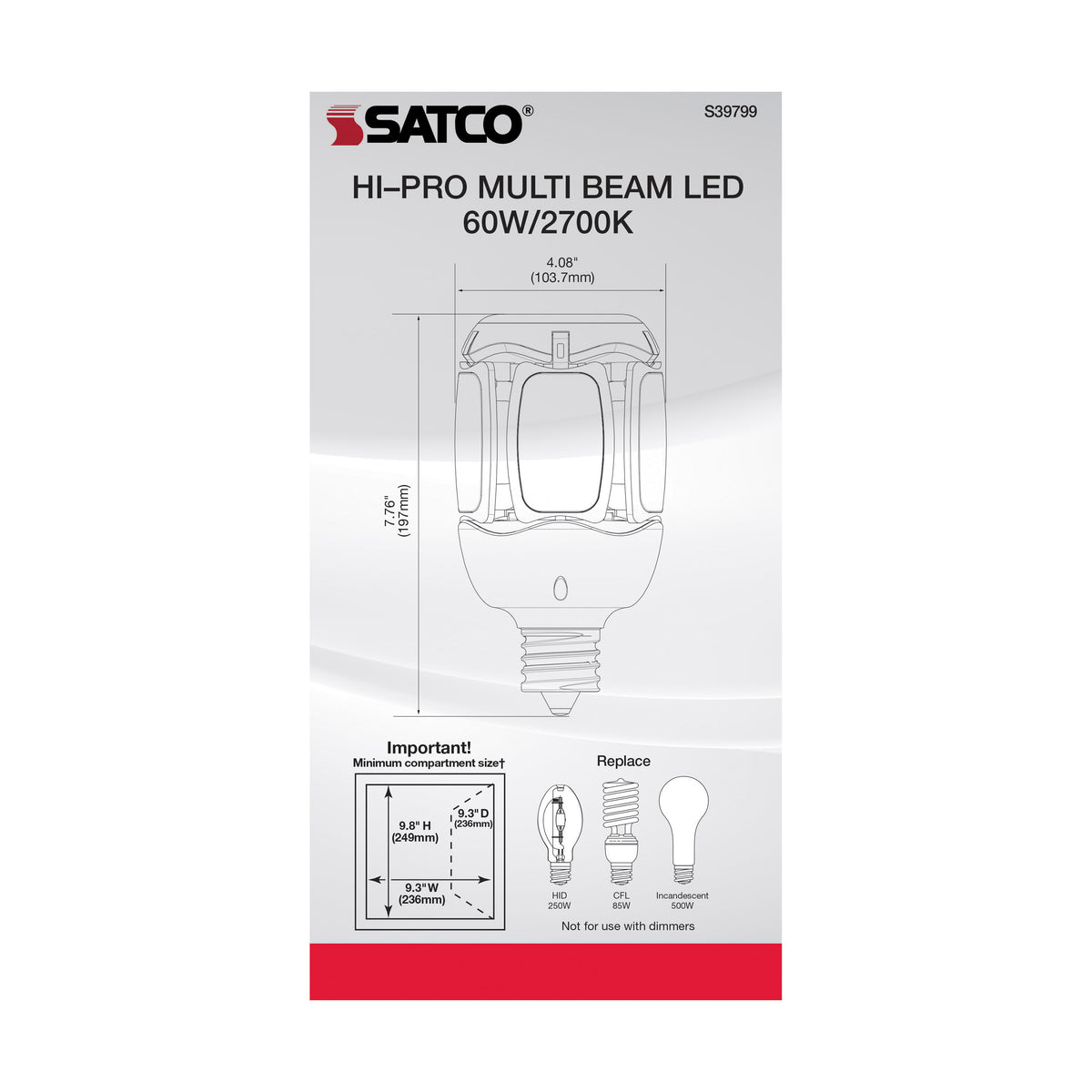 60 Watt LED HID Replacement - 2700K - Mogul extended base - Adjustable Beam Angle - Type B Ballast Bypass -120-277 Volt