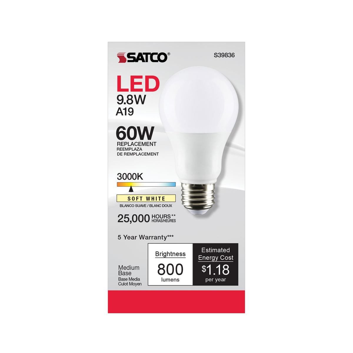 9.8 Watt - A19 LED - Omni-directional - 3000K - Medium base - 220 deg. Beam Angle - 120 Volt