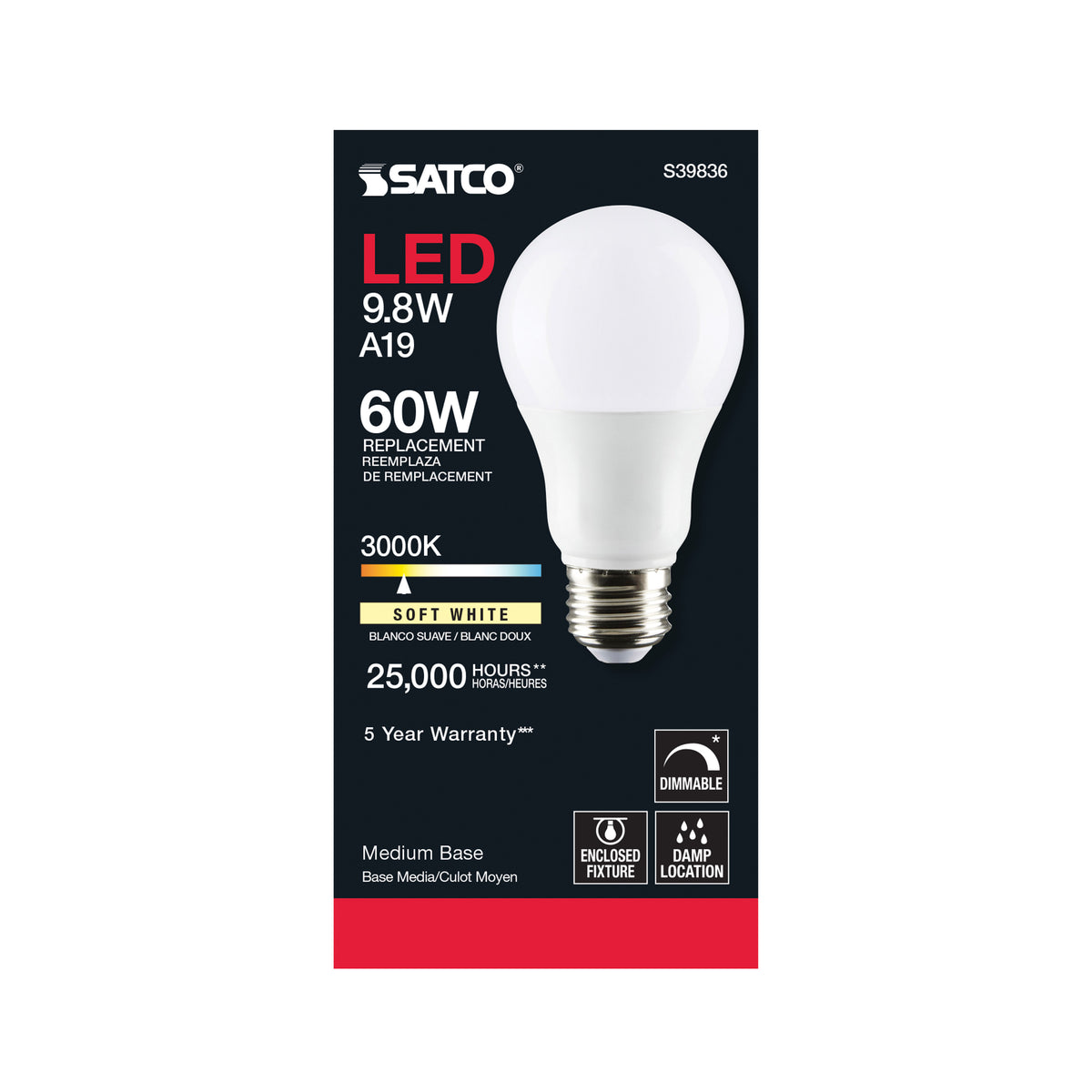 9.8 Watt - A19 LED - Omni-directional - 3000K - Medium base - 220 deg. Beam Angle - 120 Volt