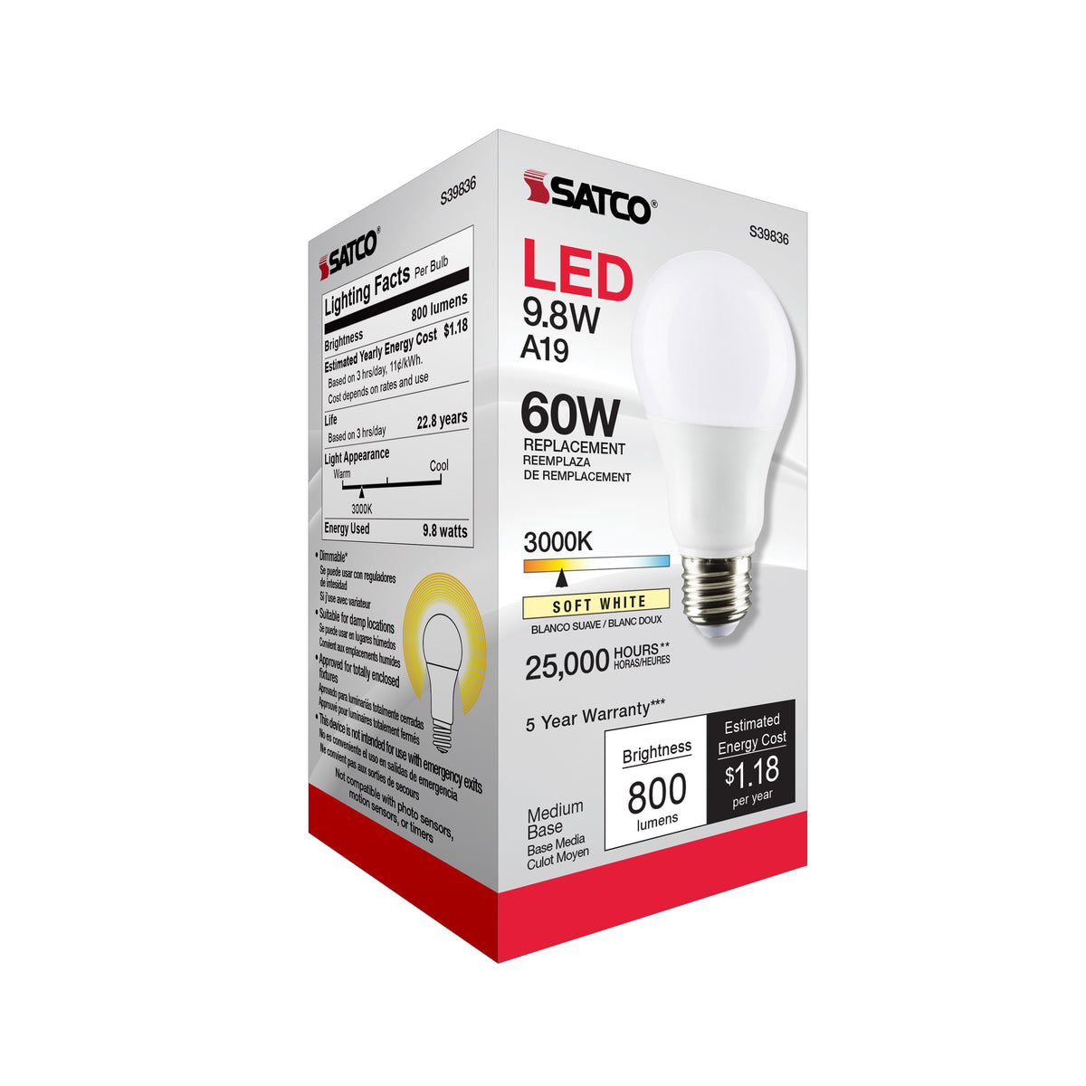 9.8 Watt - A19 LED - Omni-directional - 3000K - Medium base - 220 deg. Beam Angle - 120 Volt