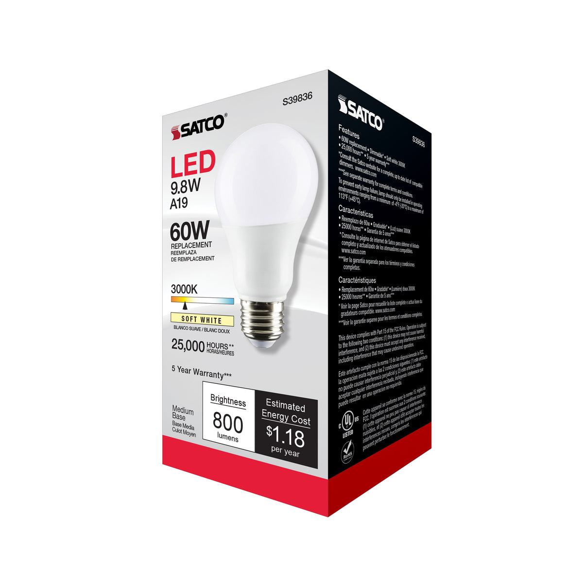 9.8 Watt - A19 LED - Omni-directional - 3000K - Medium base - 220 deg. Beam Angle - 120 Volt