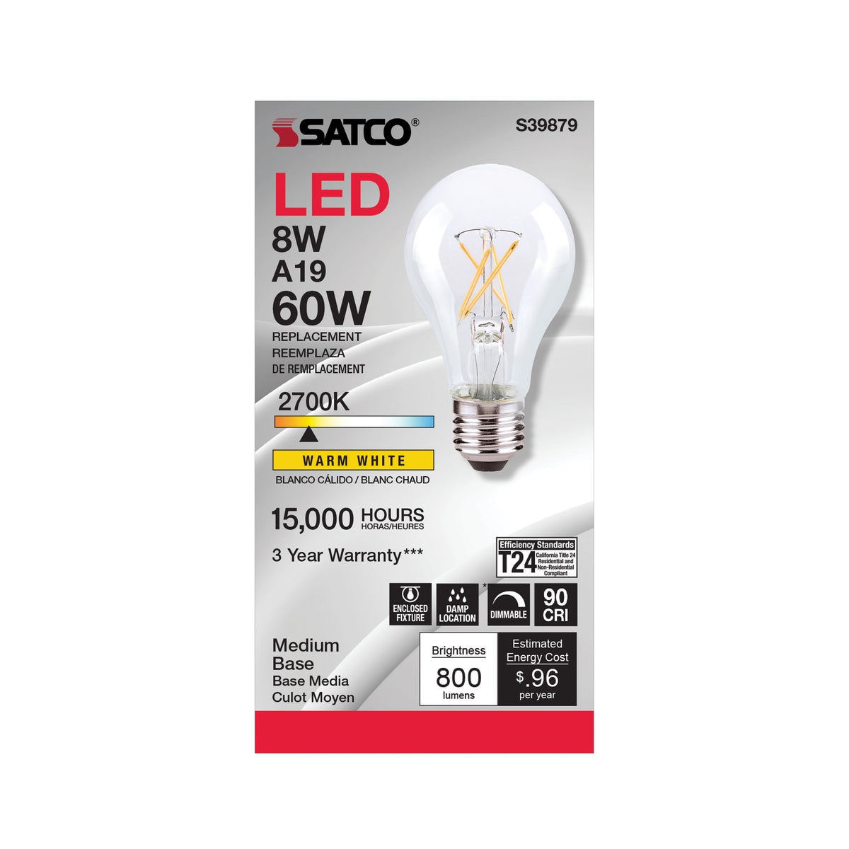 8 Watt A19 LED Filament - Clear Finish - Medium base - 2700K - 120 Volt