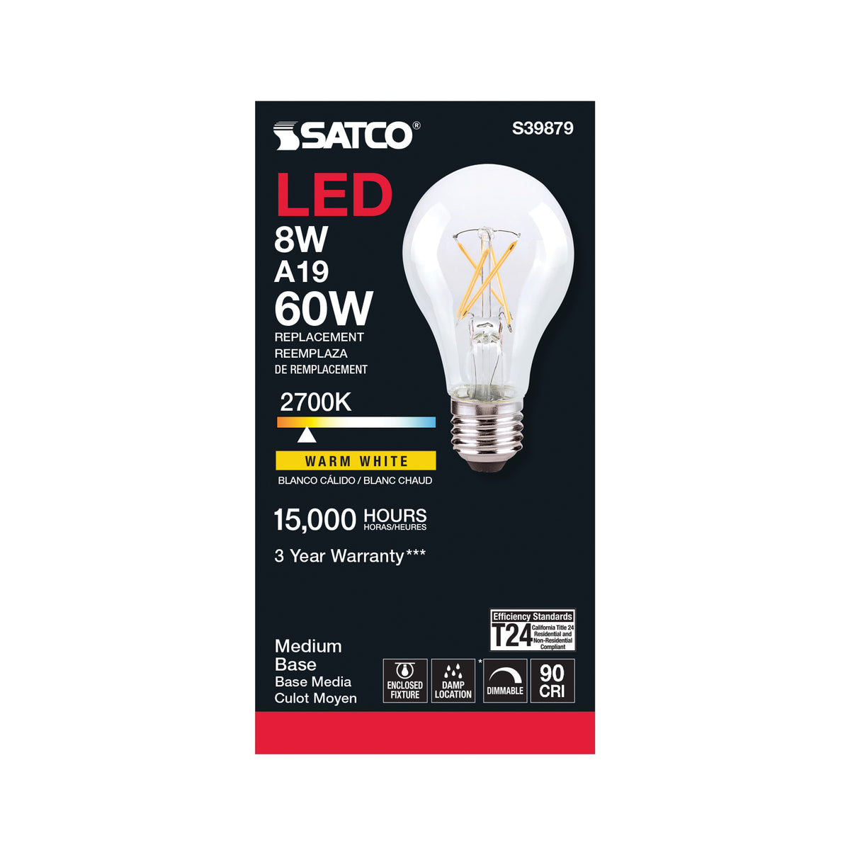 8 Watt A19 LED Filament - Clear Finish - Medium base - 2700K - 120 Volt