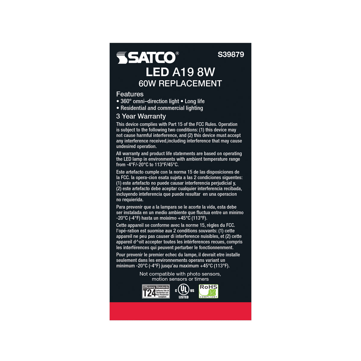 8 Watt A19 LED Filament - Clear Finish - Medium base - 2700K - 120 Volt