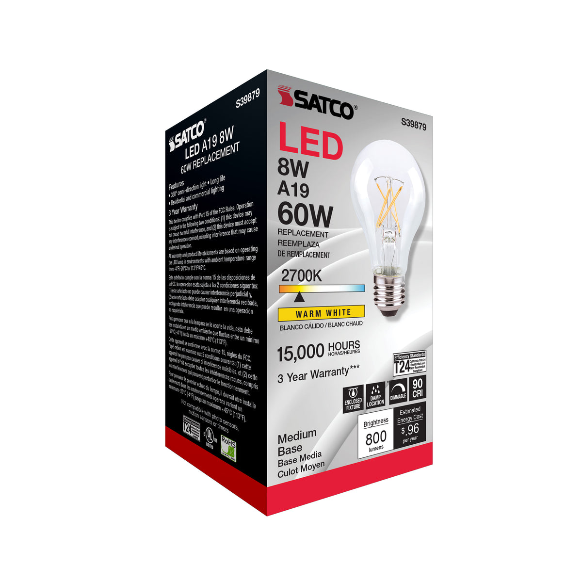 8 Watt A19 LED Filament - Clear Finish - Medium base - 2700K - 120 Volt