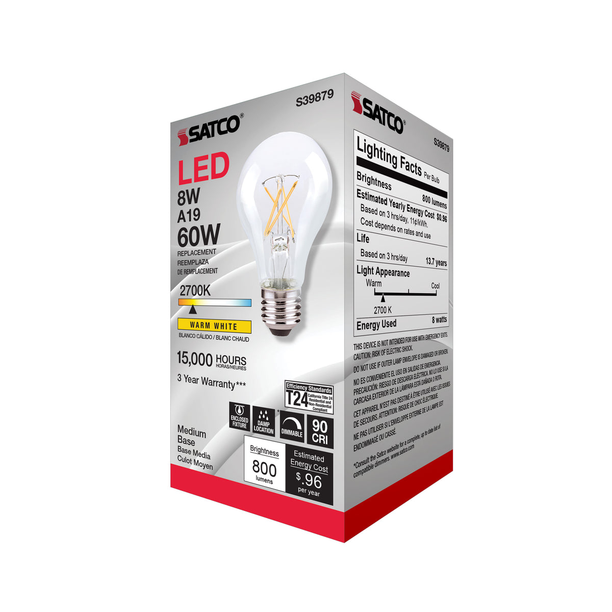 8 Watt A19 LED Filament - Clear Finish - Medium base - 2700K - 120 Volt