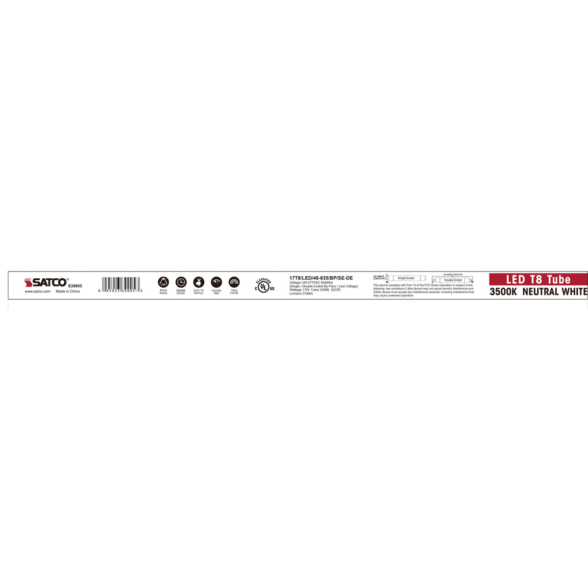 17 Watt T8 LED - 4Ft - 3500K - Medium Bi Pin base - 50000 Average rated hours - 2100 Lumens - Type B - Ballast Bypass - Single or Double Ended Wiring