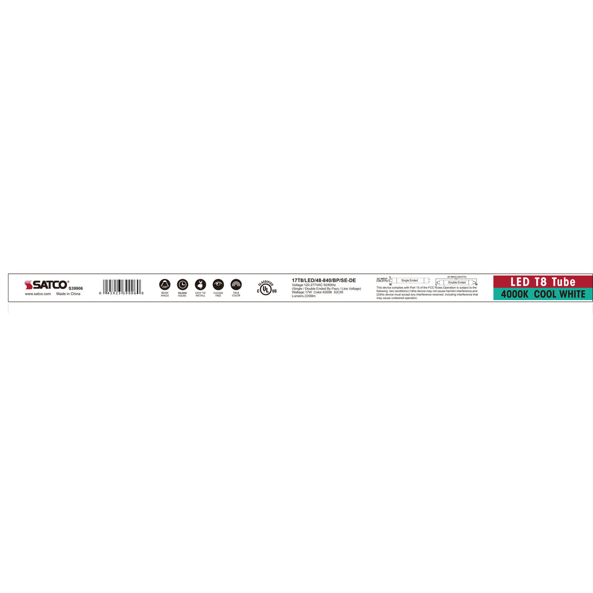 17 Watt T8 LED - 4Ft - 4000K - Medium Bi Pin base - 50000 Average rated hours - 2200 Lumens - Type B - Ballast Bypass - Single or Double Ended Wiring