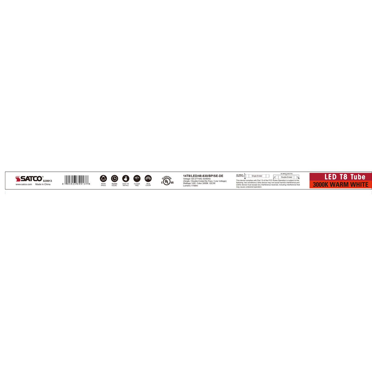 14 Watt T8 LED - 4Ft - 3000K - Medium Bi Pin base - 50000 Average rated hours - 1700 Lumens - Type B - Ballast Bypass - Single or Double Ended Wiring