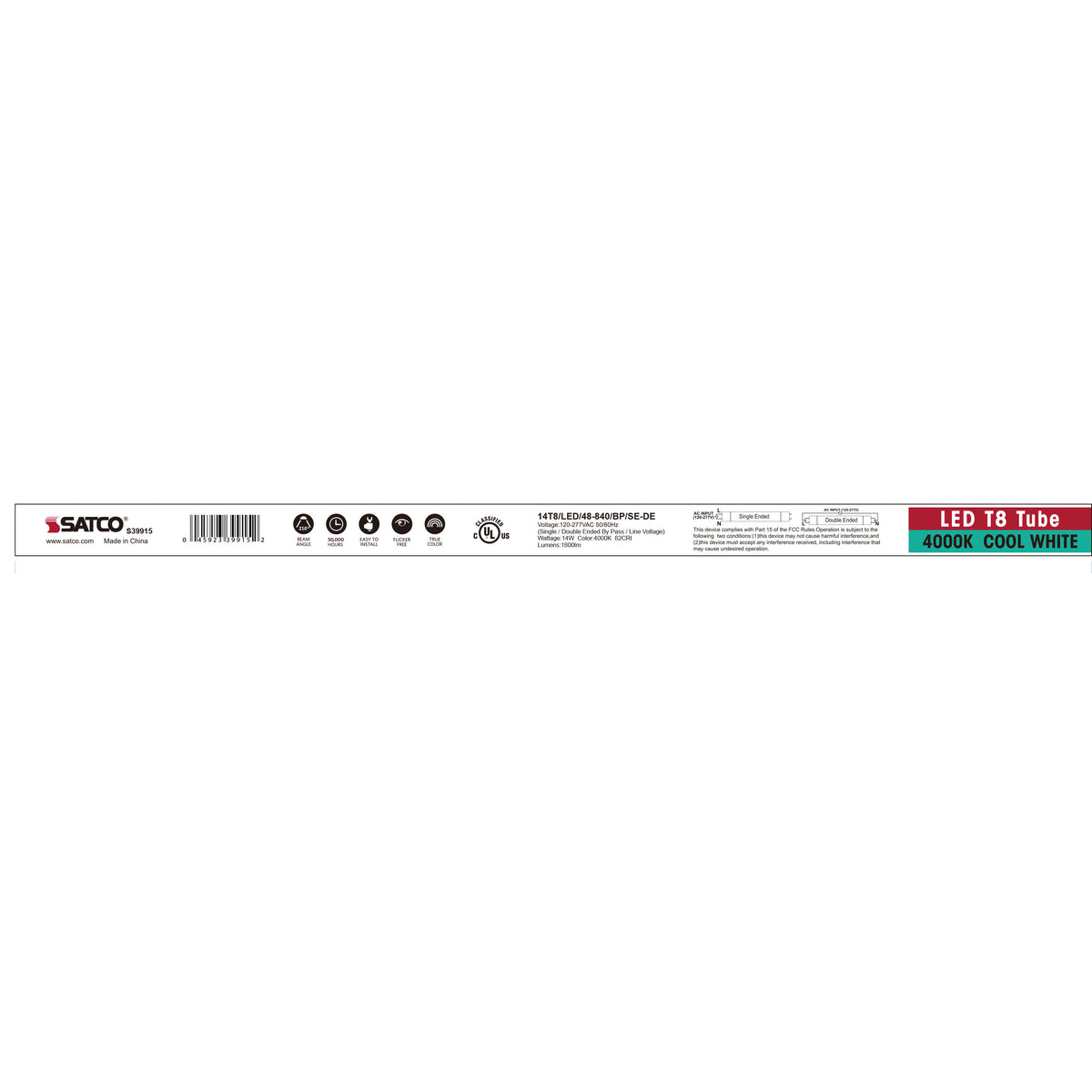 14 Watt T8 LED - 4Ft - 4000K - Medium Bi Pin base - 50000 Average rated hours - 1800 Lumens - Type B - Ballast Bypass - Single or Double Ended Wiring