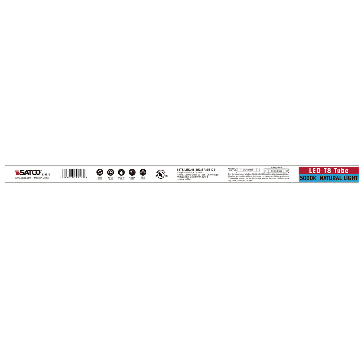 14 Watt T8 LED - 4Ft - 5000K - Medium Bi Pin base - 50000 Average rated hours - 1800 Lumens - Type B - Ballast Bypass - Single or Double Ended Wiring