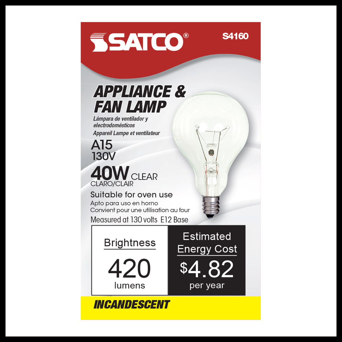 40 Watt A15 Incandescent - Clear - Appliance Lamp - 1000 Average rated hours - 420 Lumens - Candelabra base - 130 Volt