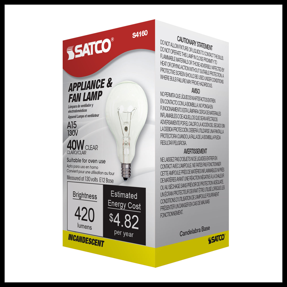 40 Watt A15 Incandescent - Clear - Appliance Lamp - 1000 Average rated hours - 420 Lumens - Candelabra base - 130 Volt