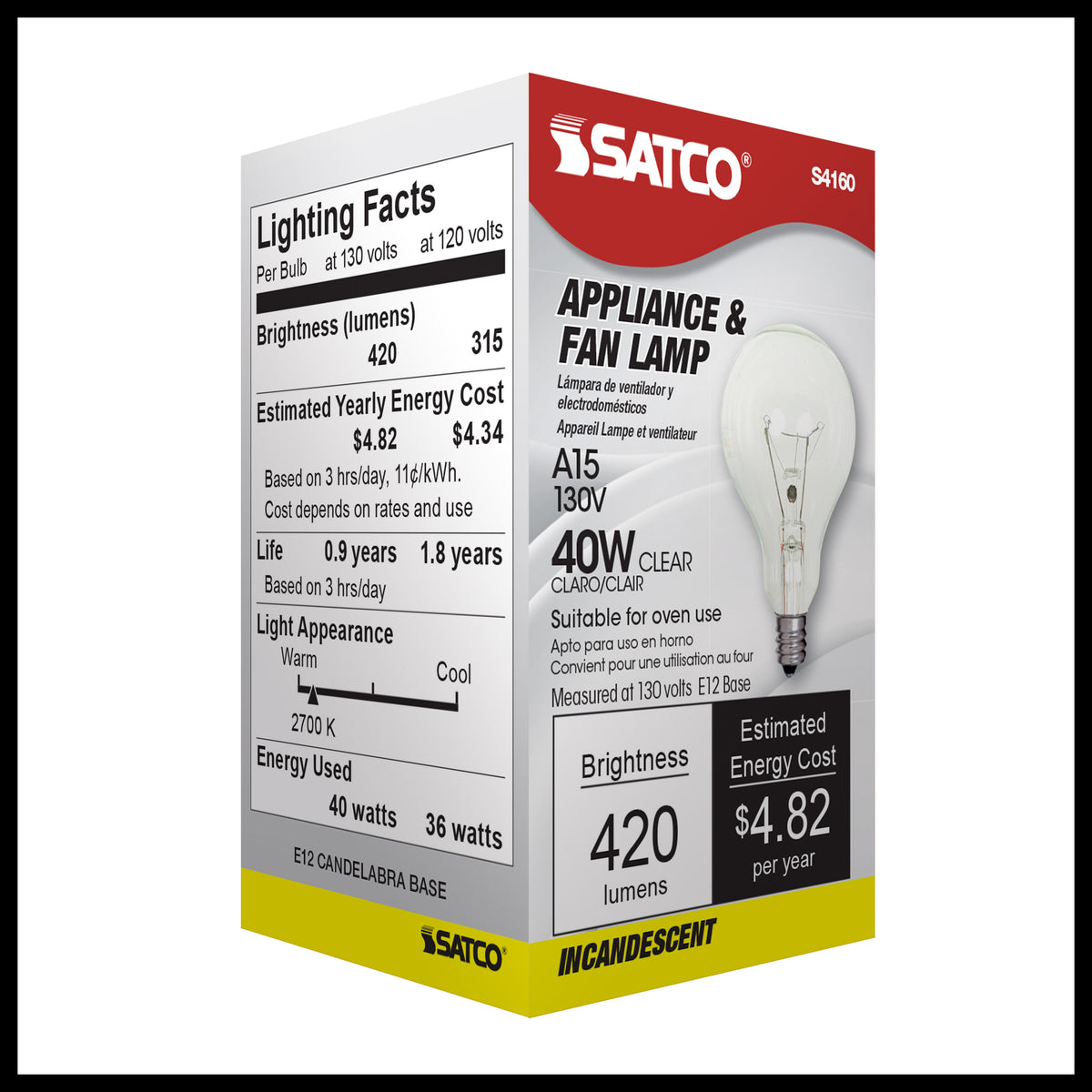 40 Watt A15 Incandescent - Clear - Appliance Lamp - 1000 Average rated hours - 420 Lumens - Candelabra base - 130 Volt