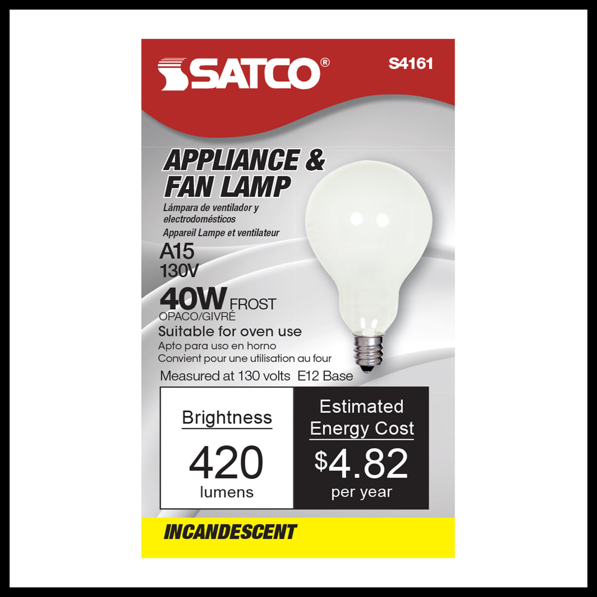 40 Watt A15 Incandescent - Frost - Appliance Lamp - 1000 Average rated hours - 420 Lumens - Candelabra base - 130 Volt