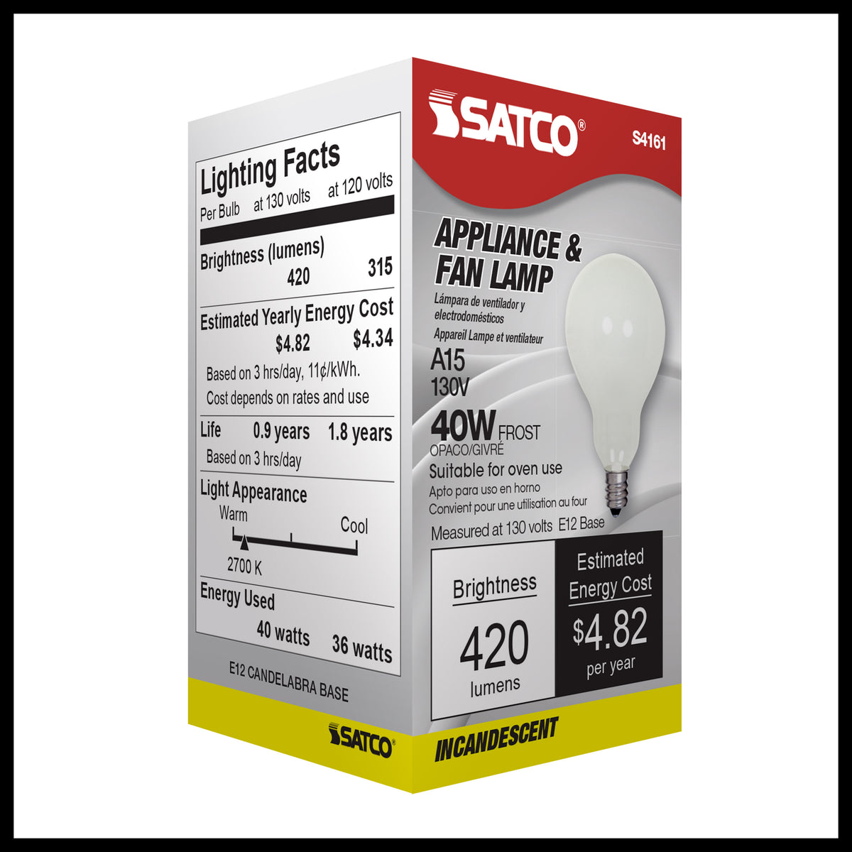40 Watt A15 Incandescent - Frost - Appliance Lamp - 1000 Average rated hours - 420 Lumens - Candelabra base - 130 Volt