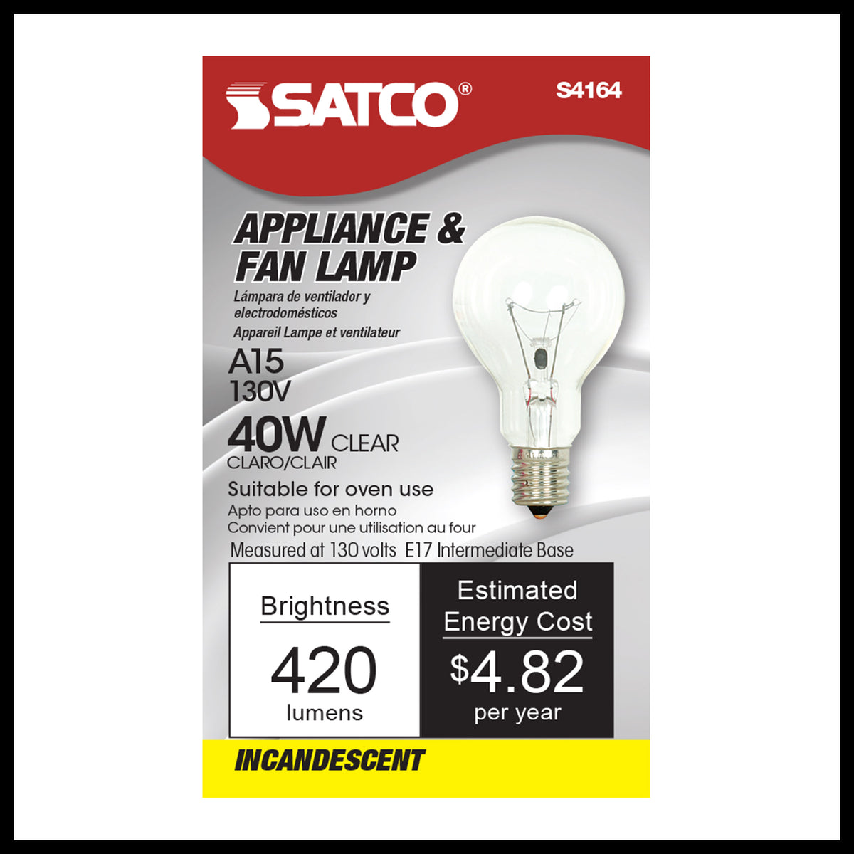 40 Watt A15 Incandescent - Clear - Appliance Lamp - 1000 Average rated hours - 420 Lumens - Intermediate base - 130 Volt