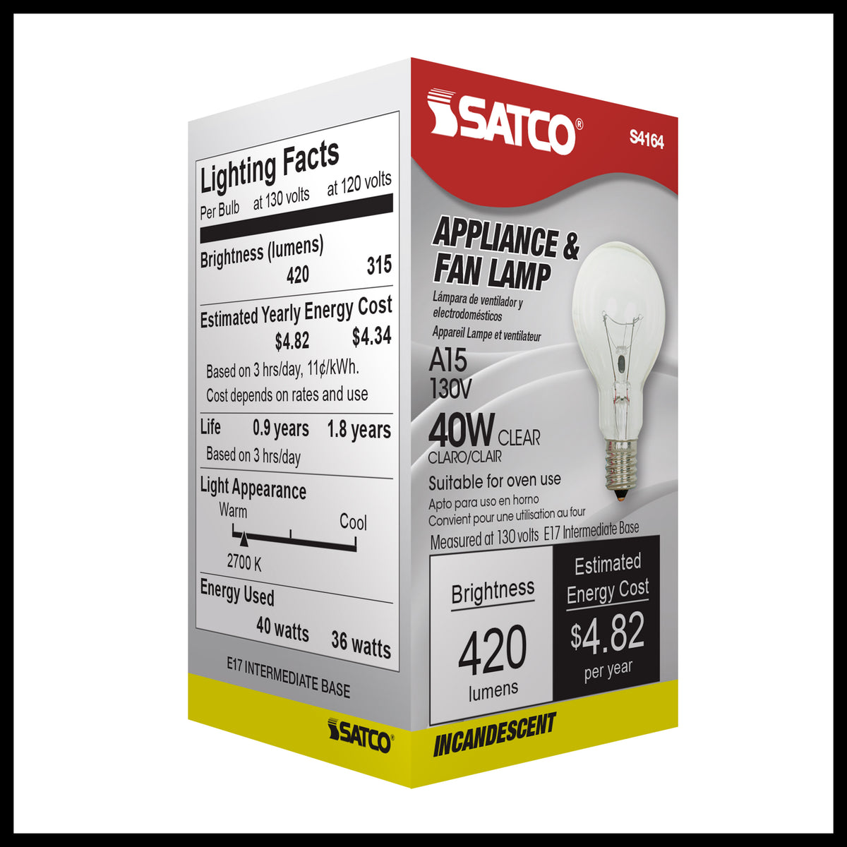 40 Watt A15 Incandescent - Clear - Appliance Lamp - 1000 Average rated hours - 420 Lumens - Intermediate base - 130 Volt