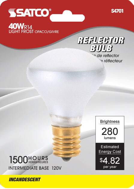 40 Watt R14 Incandescent - Clear - 1500 Average rated hours - 280 Lumens - Intermediate base - 120 Volt - Carded
