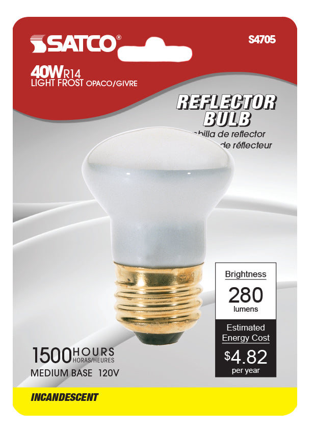 40 Watt R14 Incandescent - Frost - 1500 Average rated hours - 280 Lumens - Medium base - 120 Volt - Carded
