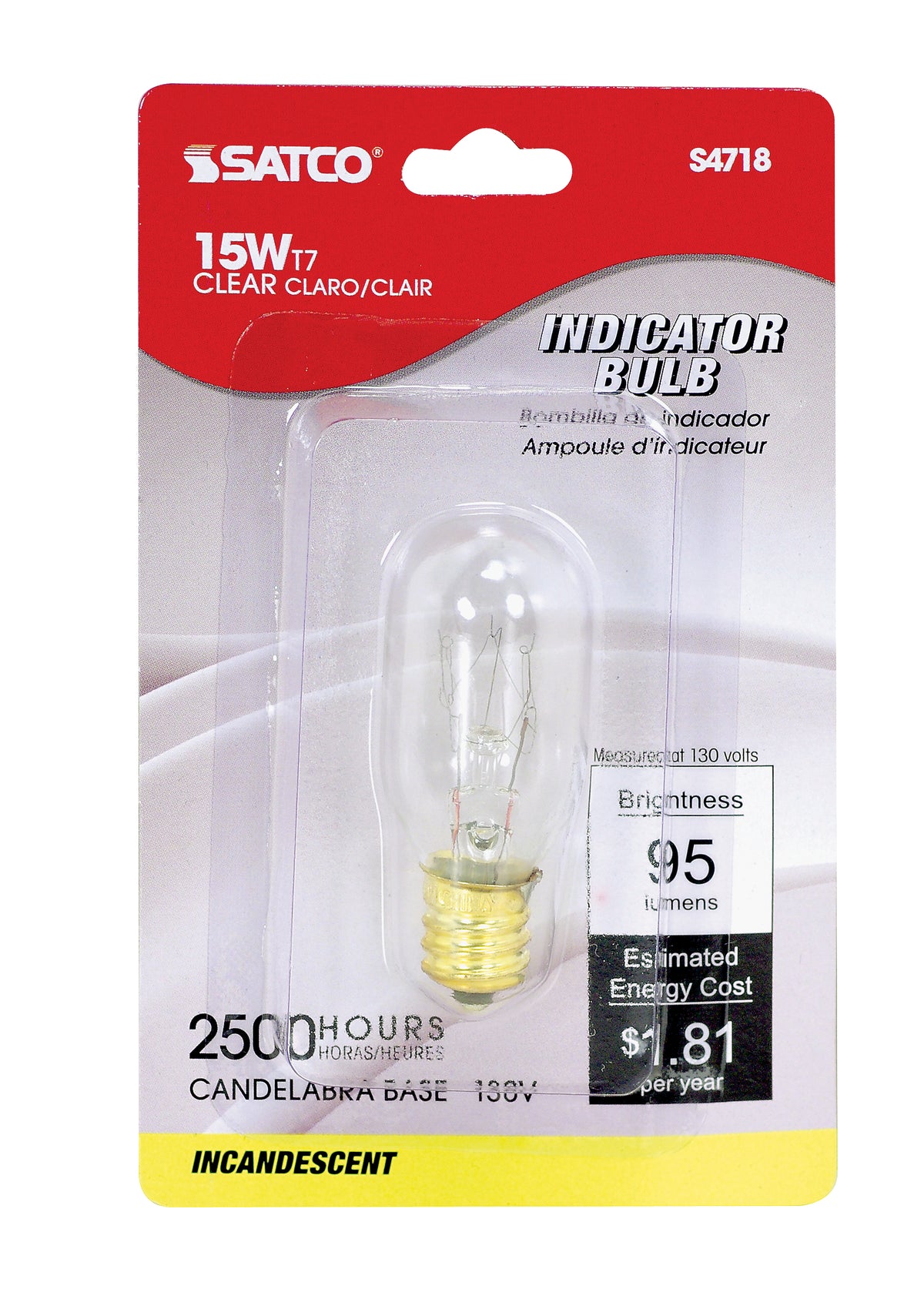 15 Watt T7 Incandescent - Clear - 2500 Average rated hours - 95 Lumens - Candelabra base - 130 Volt - Carded