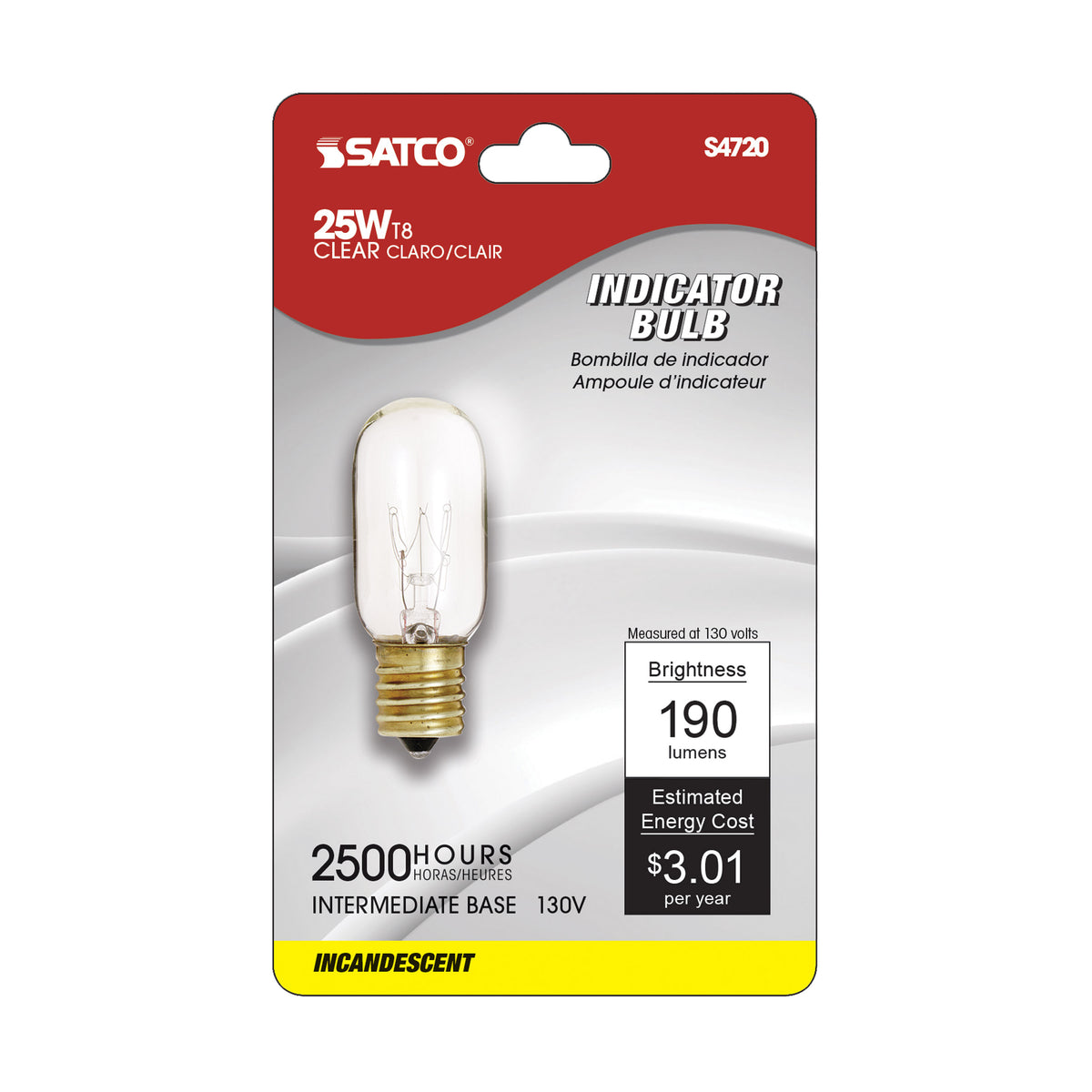 25 Watt T8 Incandescent - Clear - 2500 Average rated hours - 190 Lumens - Intermediate base - 130 Volt - Carded