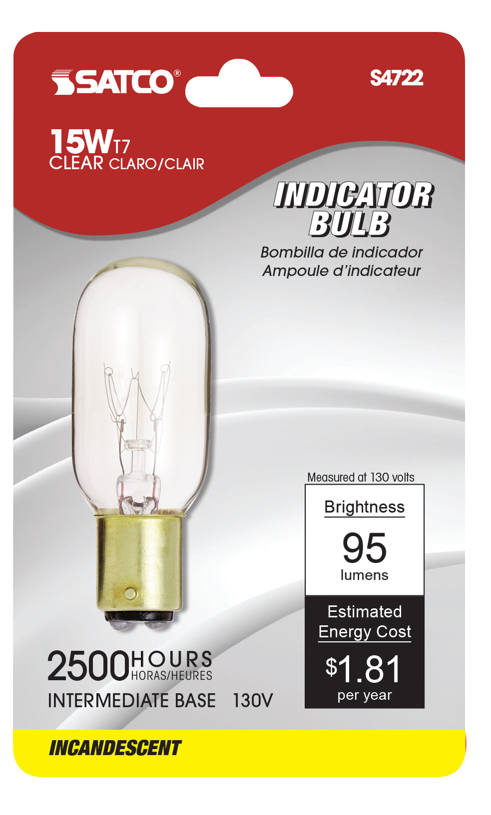 15 Watt T7 Incandescent - Clear - 2500 Average rated hours - 95 Lumens - Intermediate base - 130 Volt - Carded