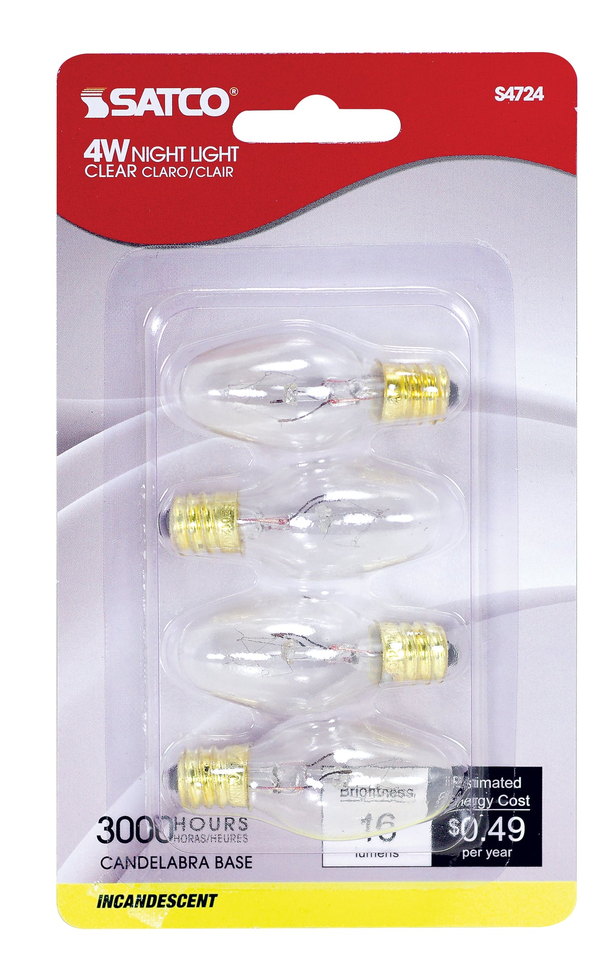 4 Watt C7 Incandescent - Clear - 3000 Average rated hours - 16 Lumens - Candelabra base - 120 Volt - 4-Card