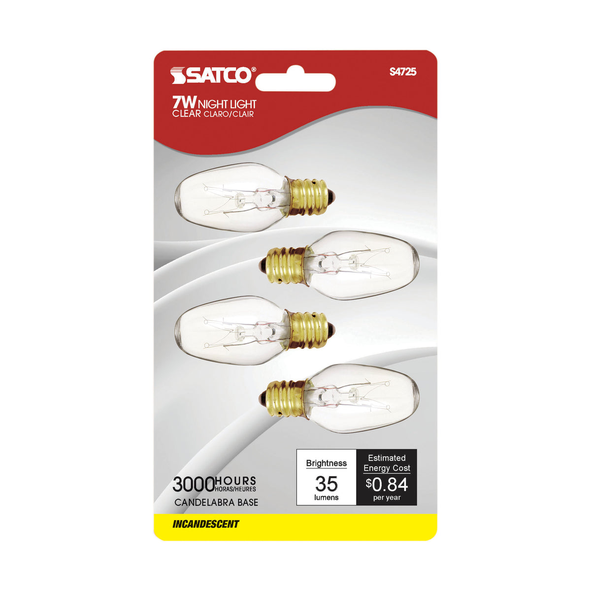 7 Watt C7 Incandescent - Clear - 3000 Average rated hours - 35 Lumens - Candelabra base - 120 Volt - 4-Card