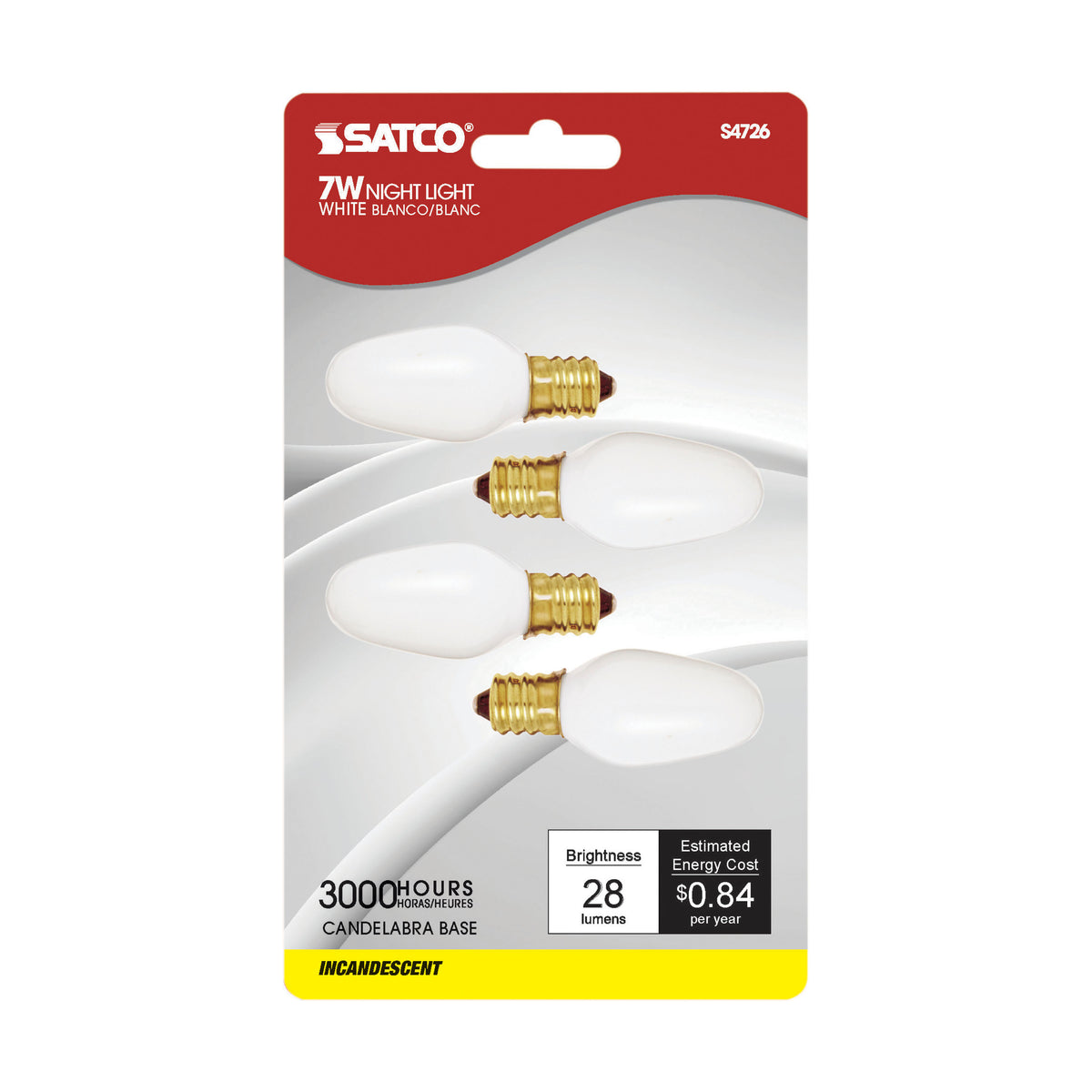 7 Watt C7 Incandescent - White - 3000 Average rated hours - 28 Lumens - Candelabra base - 120 Volt - 4-Card