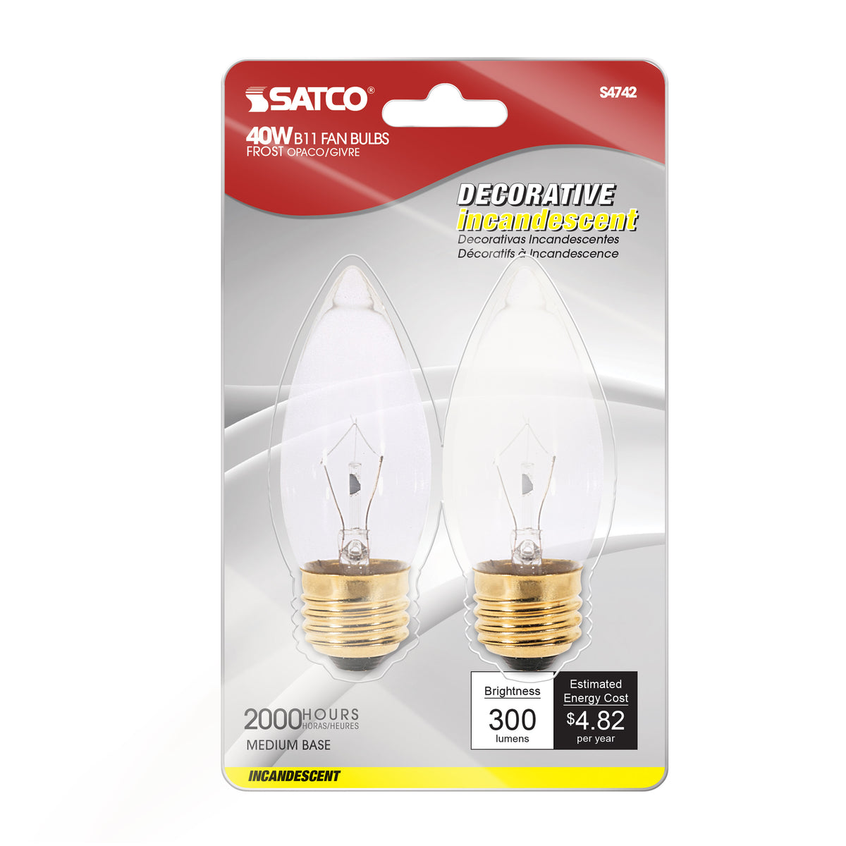 40 Watt B10 Incandescent - Frost - 2000 Average rated hours - 300 Lumens - Medium base - 120 Volt - 2-Card