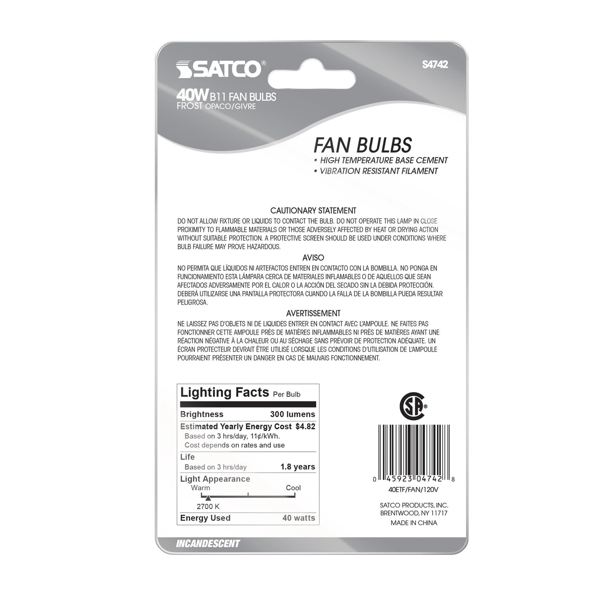 40 Watt B10 Incandescent - Frost - 2000 Average rated hours - 300 Lumens - Medium base - 120 Volt - 2-Card