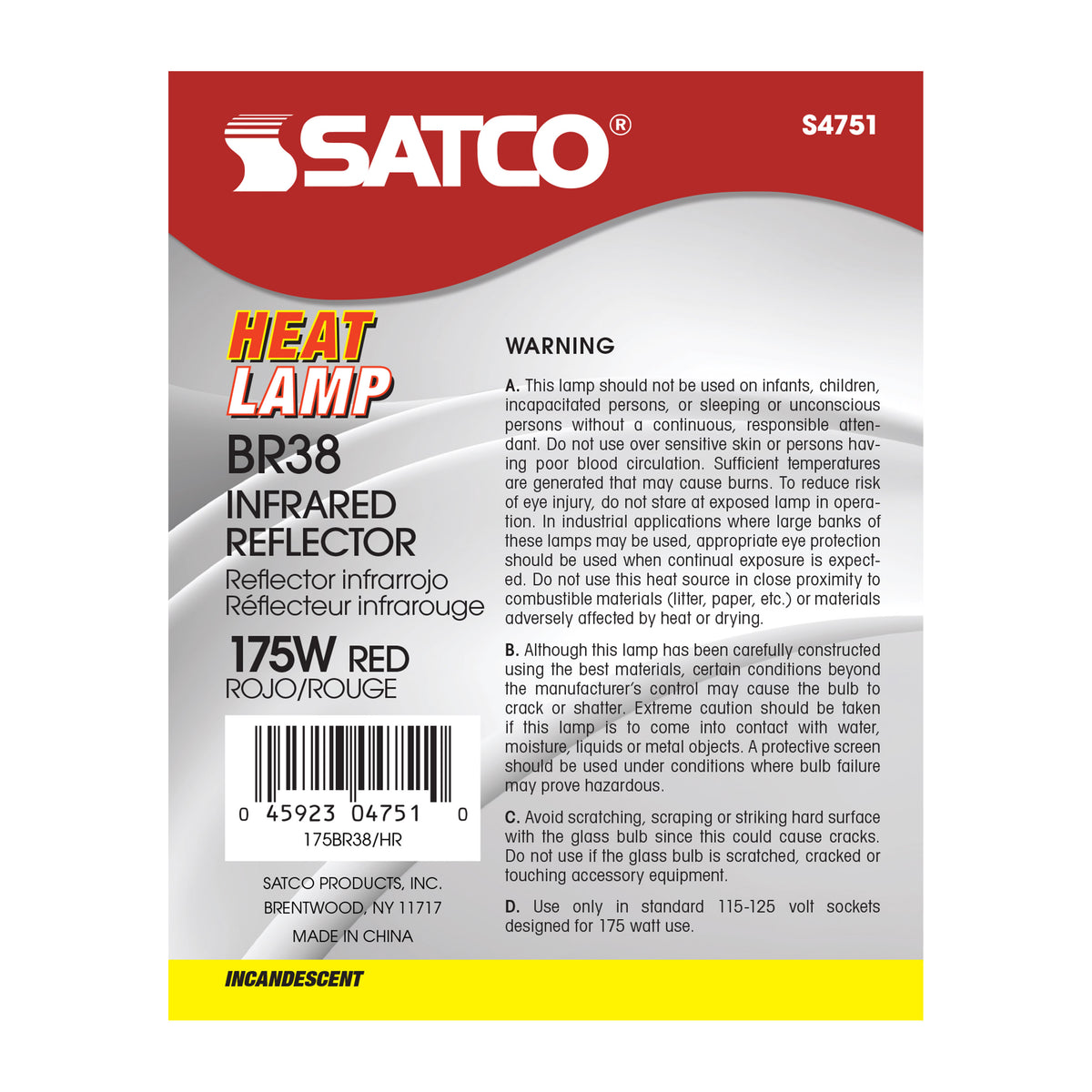 175 Watt BR38 Incandescent - Red Heat - 5000 Average rated hours - Medium base - 120 Volt