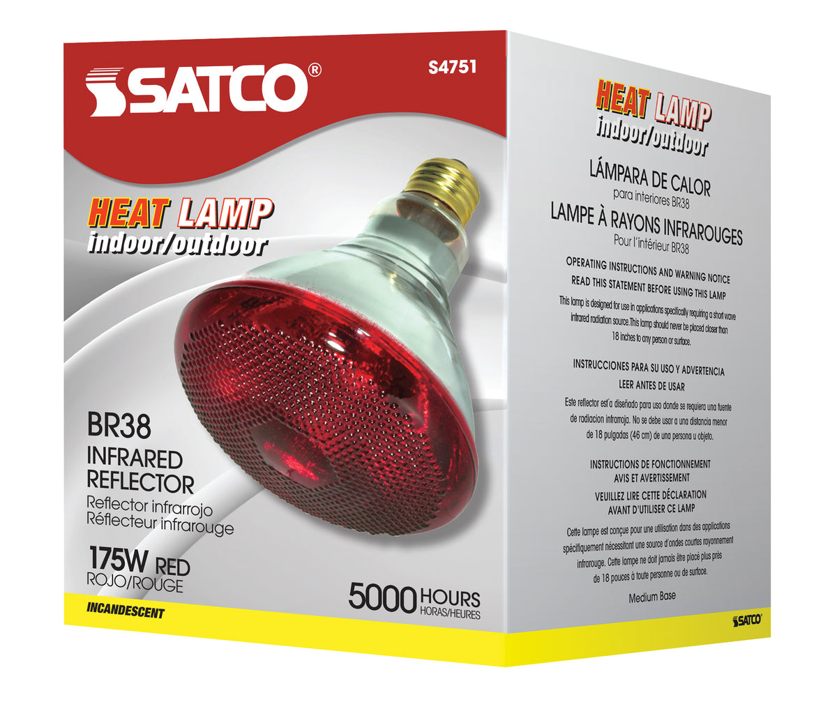 175 Watt BR38 Incandescent - Red Heat - 5000 Average rated hours - Medium base - 120 Volt