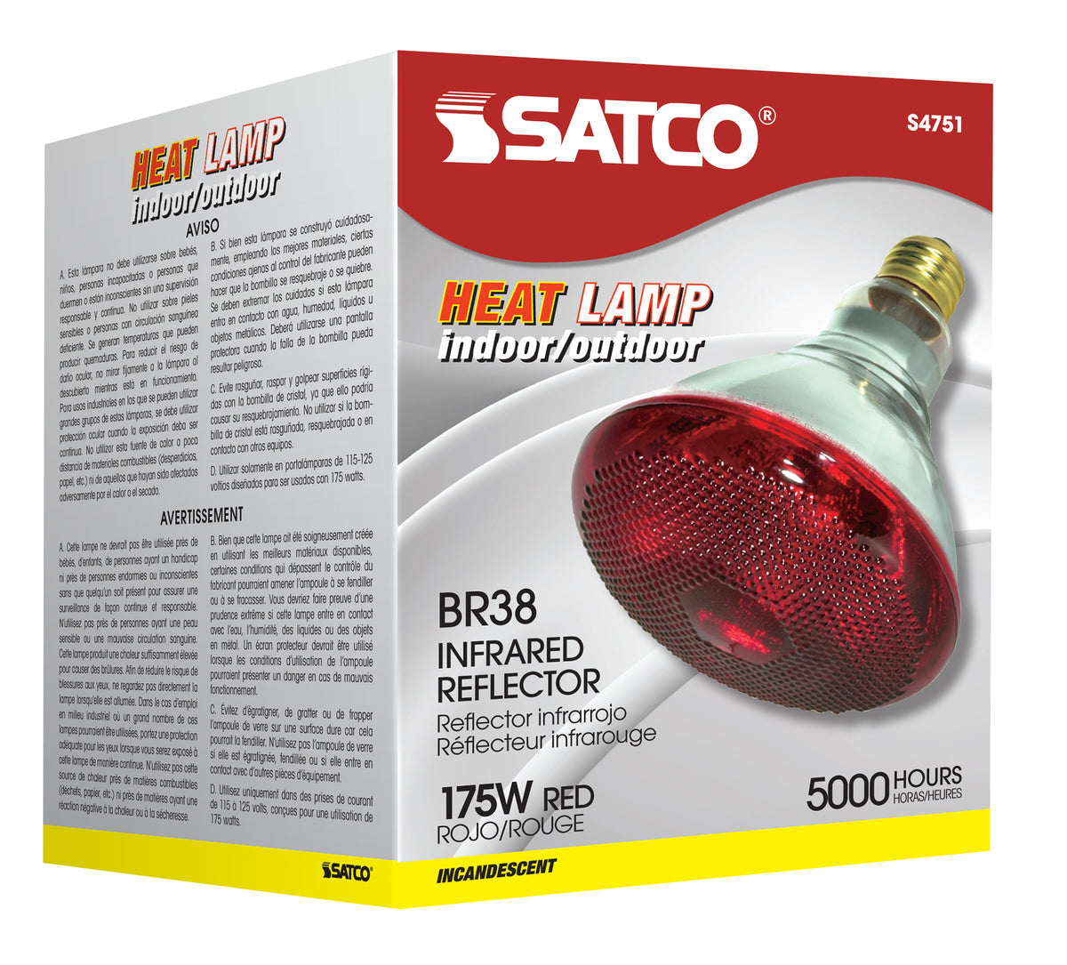 175 Watt BR38 Incandescent - Red Heat - 5000 Average rated hours - Medium base - 120 Volt