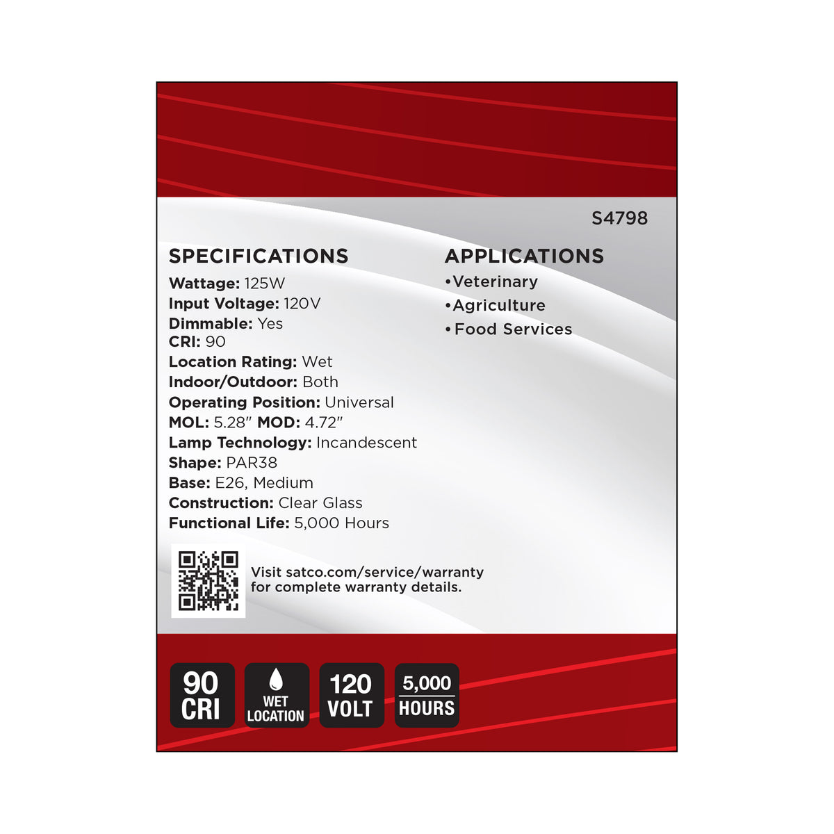 125 Watt PAR38 Incandescent - Clear Heat - Medium Base - Weatherproof - 120 Volt