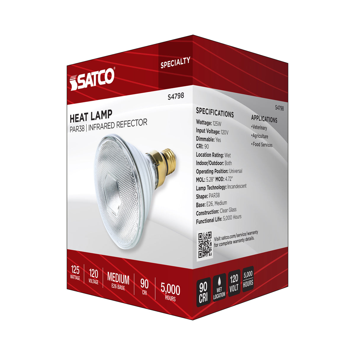 125 Watt PAR38 Incandescent - Clear Heat - Medium Base - Weatherproof - 120 Volt