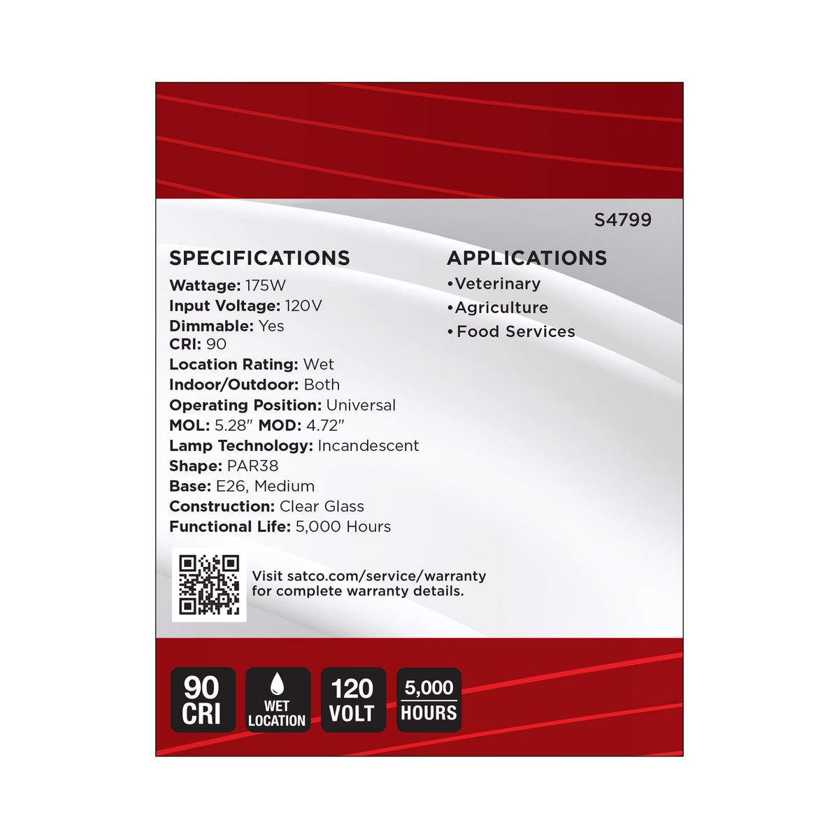 175 Watt PAR38 Incandescent - Clear Heat - Medium Base - Weatherproof - 120 Volt