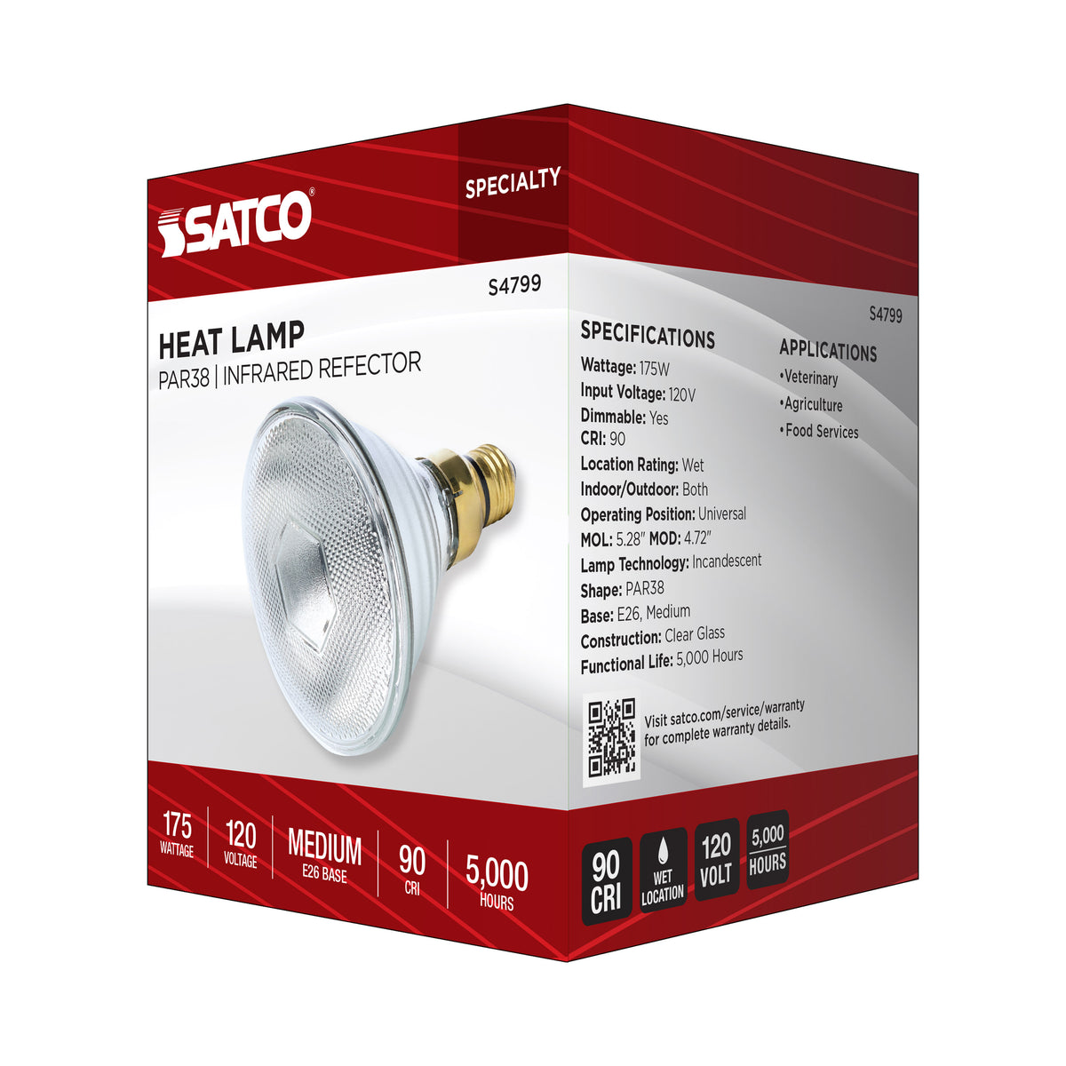 175 Watt PAR38 Incandescent - Clear Heat - Medium Base - Weatherproof - 120 Volt