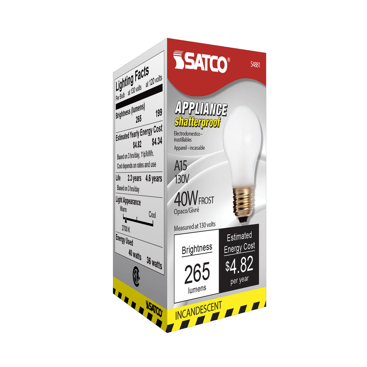 40 Watt A15 Incandescent - Frost - Appliance Lamp - 2500 Average rated hours - 265 Lumens - Medium base - 130 Volt - Shatter Proof