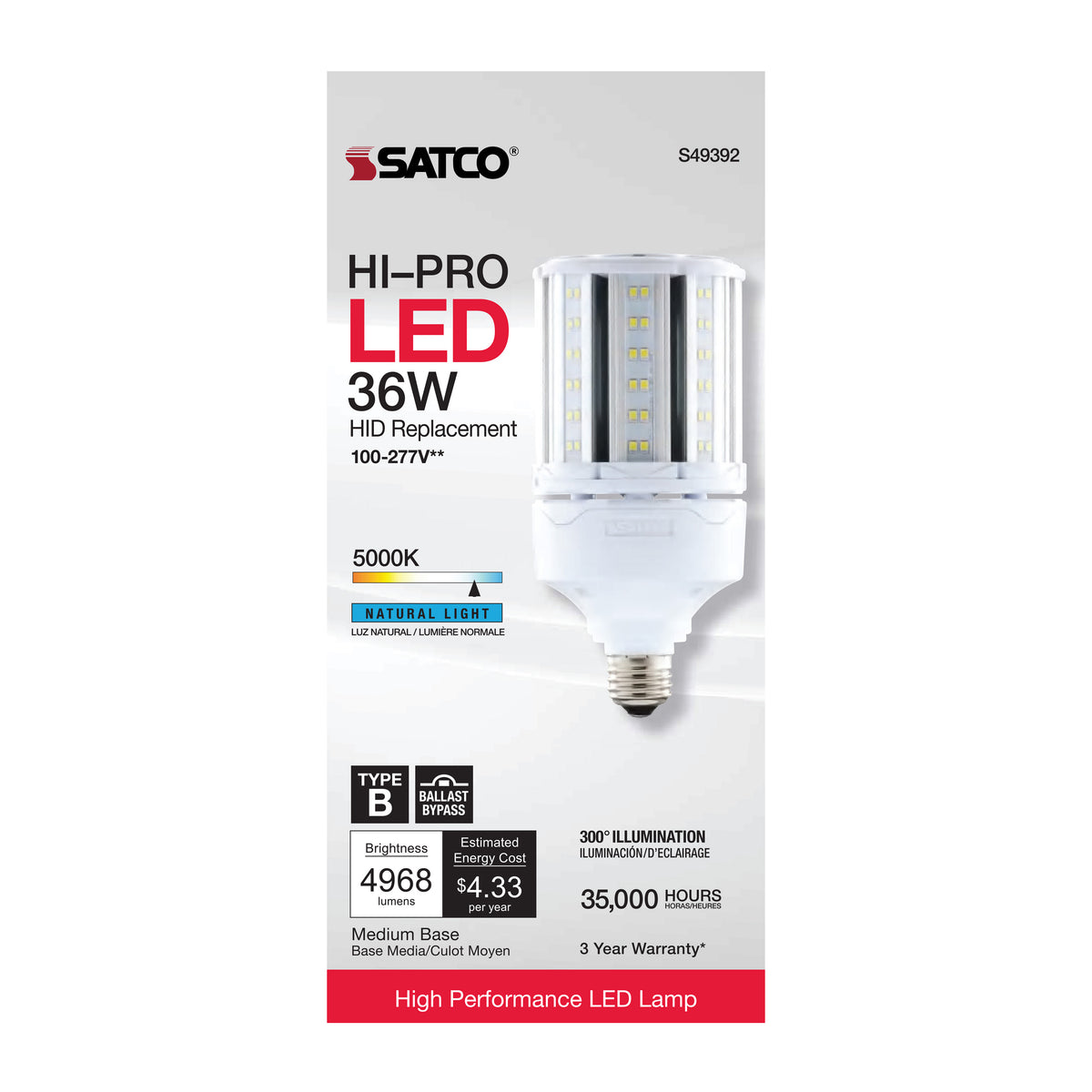 36 Watt LED HID Replacement - 80 CRI - 5000K - Type B - Ballast Bypass - Medium base - Economy Hi-Pro