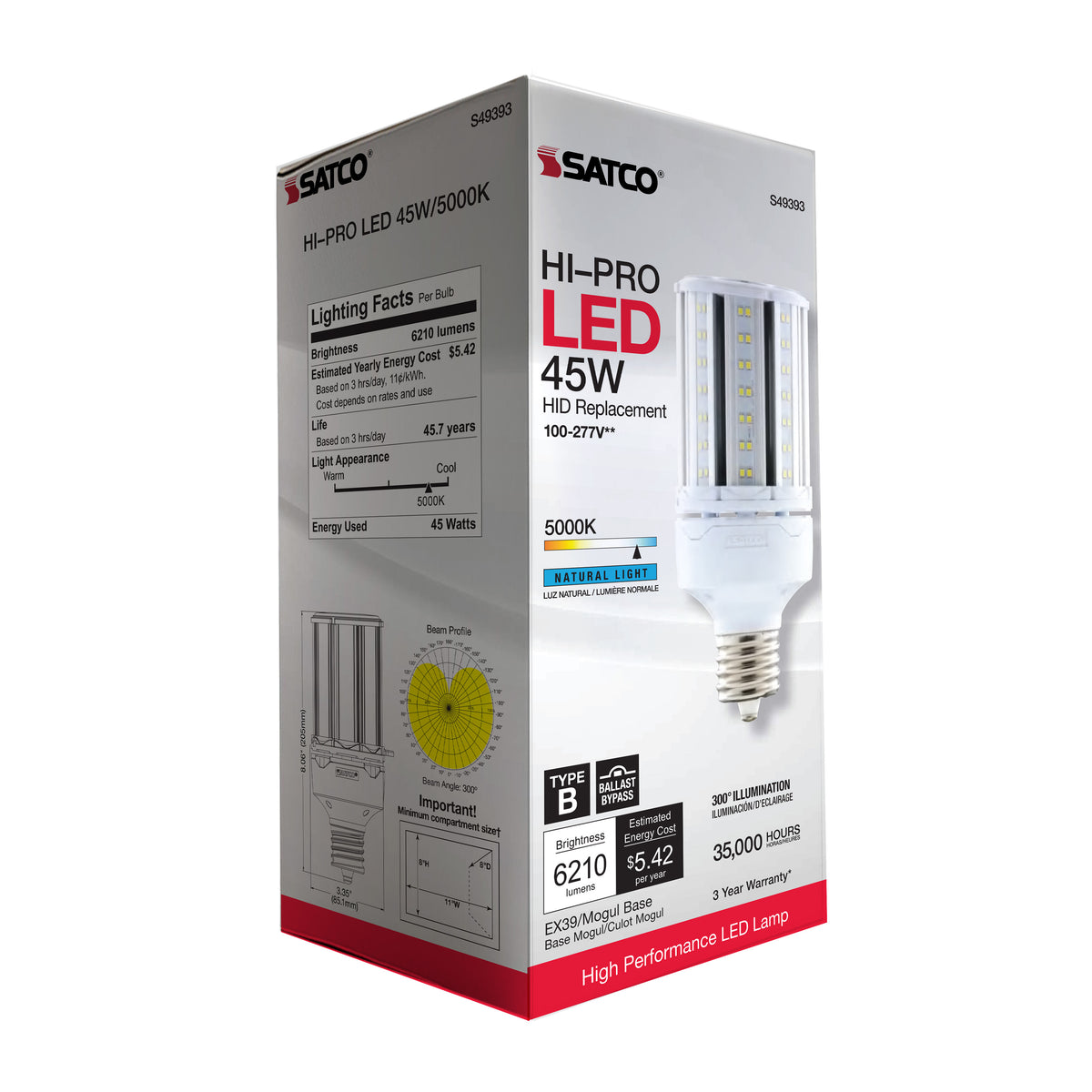 45 Watt LED HID Replacement - 5000K - Extended Mogul base - Type B Ballast Bypass - Economy Hi-Pro