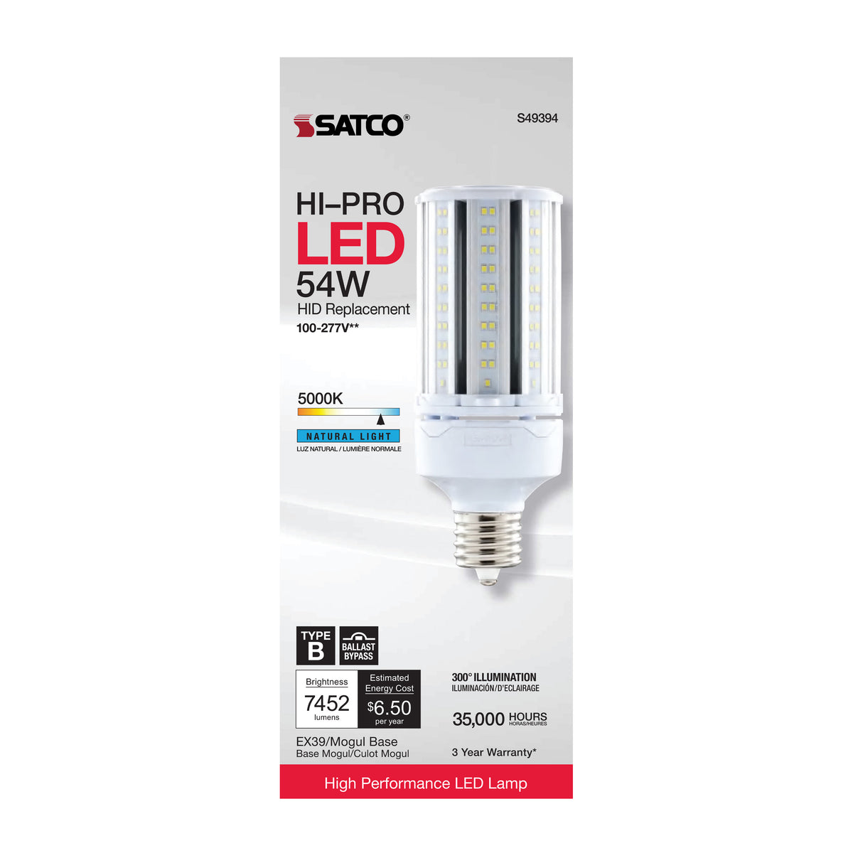 54 Watt LED HID Replacement - 5000K - Extended Mogul base - Type B Ballast Bypass - Economy Hi-Pro