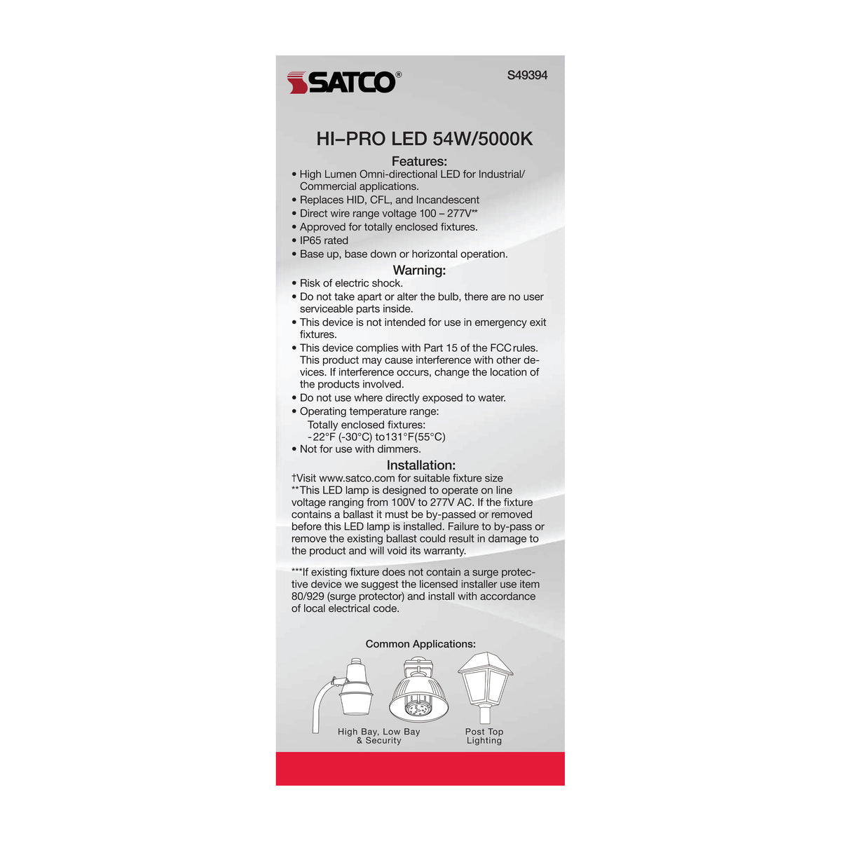 54 Watt LED HID Replacement - 5000K - Extended Mogul base - Type B Ballast Bypass - Economy Hi-Pro