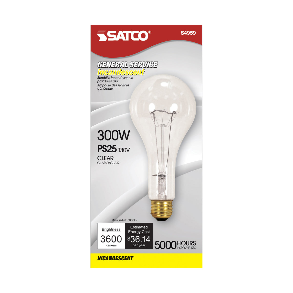 300 Watt PS25 Incandescent - Clear - 5000 Average rated hours - 3600 Lumens - Medium base - 130 Volt